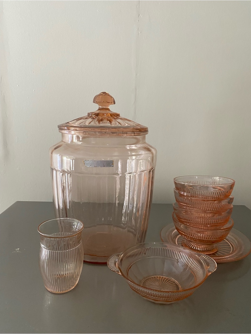 Pink Depression Glass Cookie Jar and Serving Bowl Set